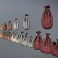Household Cloth Bags In Various Colors And Different Sizes Arranged In Rows