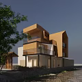 Modern Detached Villa Wooden White Exterior Multi Story Design With Balconies Trees And Waterfront