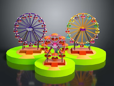 Colorful Multiple Ferris Wheels Design With Green Platforms For Amusement Areas 3d model