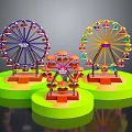 Colorful Multiple Ferris Wheels Design With Green Platforms For Amusement Areas