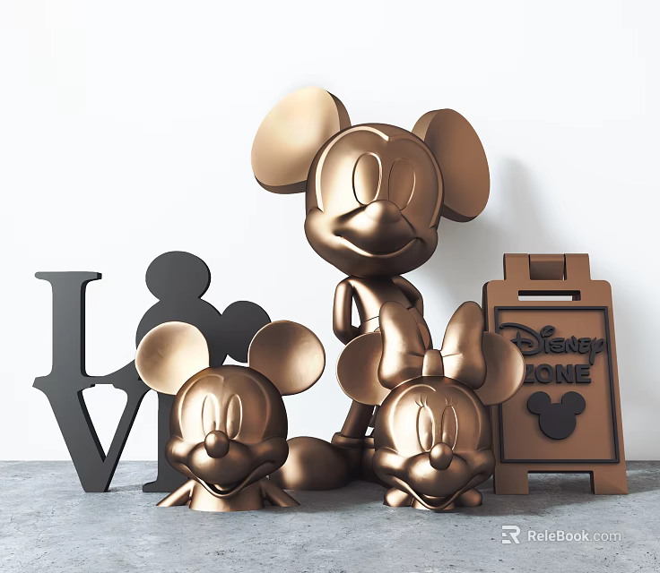 Decorative Figurine Set With Mickey Minnie Mouse Statues LOVE Letters And Disney Zone Sign 3d model 