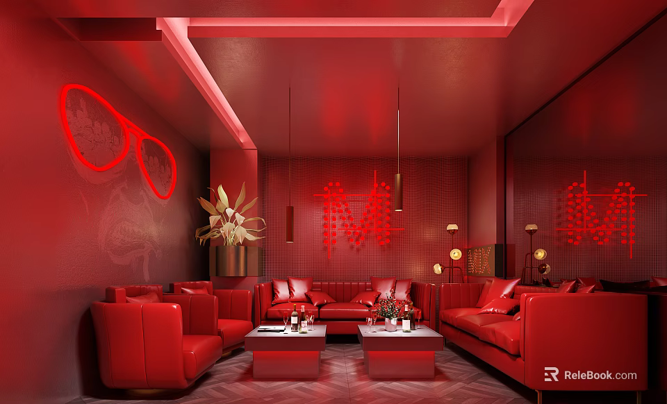 KTV Private Room With Red Theme Red Sofas Neon Decorations Chandeliers And Coffee Tables 3d model 
