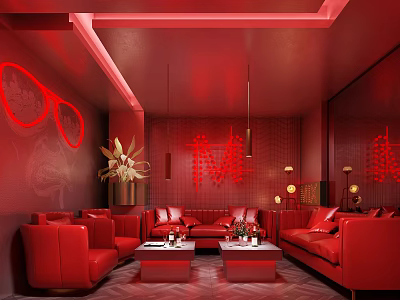 KTV Private Room With Red Theme Red Sofas Neon Decorations Chandeliers And Coffee Tables 3d model