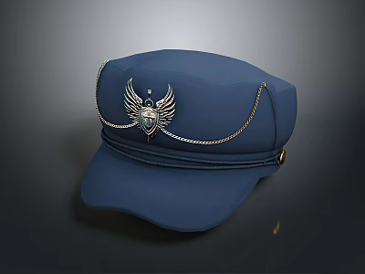 Stylish Blue Hat For Daily Use With Silver Badge And Chain Decoration 3d model