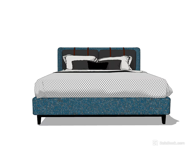 Blue Upholstered Double Bed With Striped Headboard Checkered Bedspread And Pillows 3d model