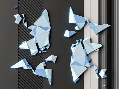 Geometric Wall Decor With Blue And White Polygonal Pieces On Black Gray Striped Background 3d model