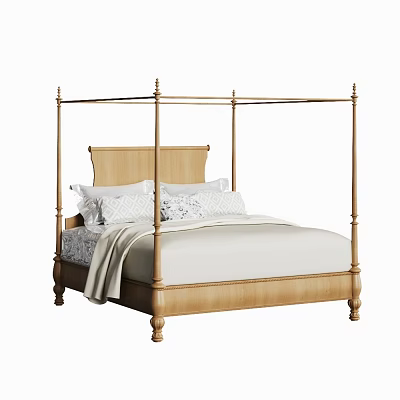 Four Poster Wooden Double Bed With Wooden Headboard Pillows And Bedspread 3d model