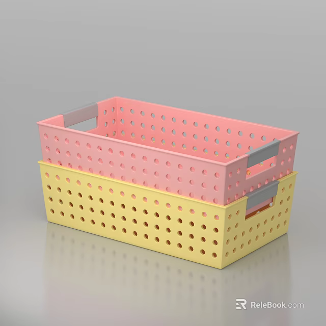 Pink and Yellow Plastic Kitchen Sink with Drainage Holes and Gray Handles Stacked 3d model 