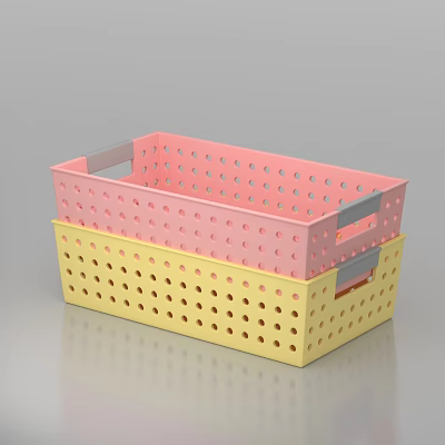 Pink and Yellow Plastic Kitchen Sink with Drainage Holes and Gray Handles Stacked 3d model