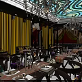 Elegant Restaurant Interior With Chandeliers Yellow Curtains Red Walls Dining Tables Tableware And Chairs