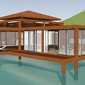Detached Wooden Villa Over Water With Red Roof Glass Windows And Deck