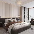 Elegant Modern Bedroom Interior With Bed Rug Armchair Bookshelf Chandelier And Artwork