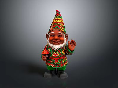 Colorful Gnome With Pointed Hat Patterned Outfit Holding Pizza And Waving Hand 3d model