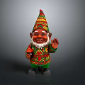 Colorful Gnome With Pointed Hat Patterned Outfit Holding Pizza And Waving Hand