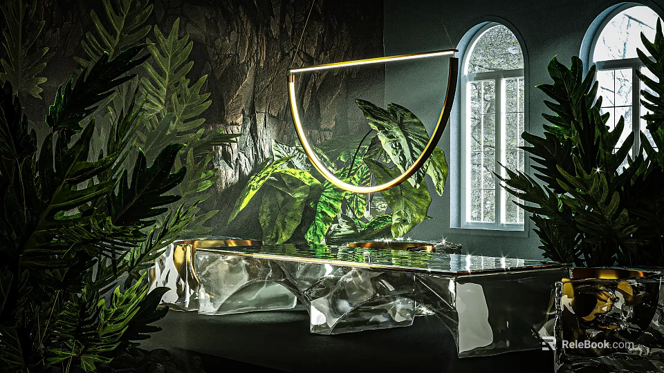 Indoor Dark Background Scene With Green Plants Golden Ring Light Glass Tabletop And Arched Window 3d model 