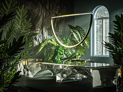 Indoor Dark Background Scene With Green Plants Golden Ring Light Glass Tabletop And Arched Window 3d model