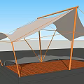 Tensile Membrane Canopy With Wooden Frame Over Desert Water Surface And Blue Sky