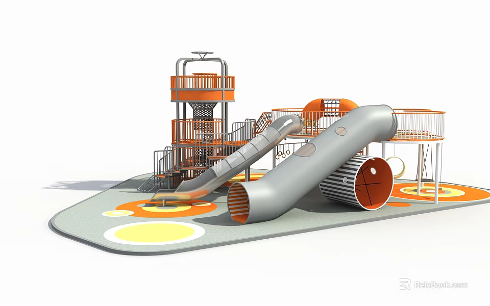 Modern Safe Outdoor Playground Featuring Slide Tower Orange Accents And Circular Patterns 3d model