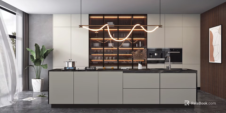 Sleek Modern Kitchen Interior With Ambient Lighting And Dark Countertops 3d model