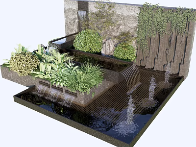 Garden Decorative Feature With Various Plants Water Fountain Vertical Green Wall And Stone Elements 3d model