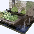 Garden Decorative Feature With Various Plants Water Fountain Vertical Green Wall And Stone Elements
