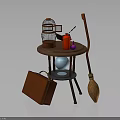Vintage Bird in Ornate Birdcage on Wooden Table with Broom and Leather Briefcase
