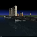 Night View Of Landscape Bridge With Colorful Lights Street Lamps And Tall Buildings