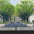 Circular Entrance Gate Surrounded by Green Trees and Water Pool Reflection