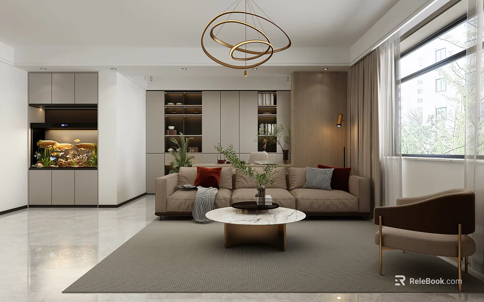 Modern Living Room Interior With Beige Sofa Round Coffee Table Golden Chandelier Area Rug Plants 3d model 