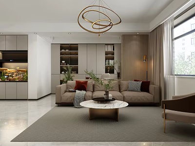 Modern Living Room Interior With Beige Sofa Round Coffee Table Golden Chandelier Area Rug Plants 3d model