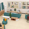 Service Hall Interior With Blue Sofas Tables Chairs Potted Plants And TV 3d model