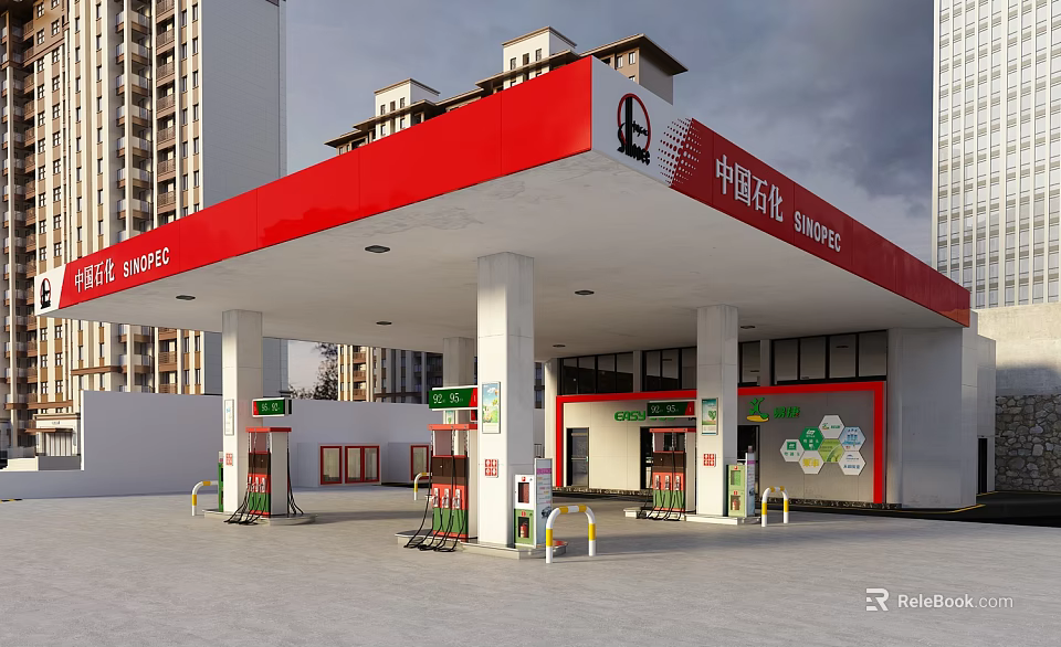 Phoenix Energy Gas Station With Red Canopy Fuel Pumps And High Rise Buildings 3d model 