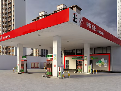 Phoenix Energy Gas Station With Red Canopy Fuel Pumps And High Rise Buildings 3d model