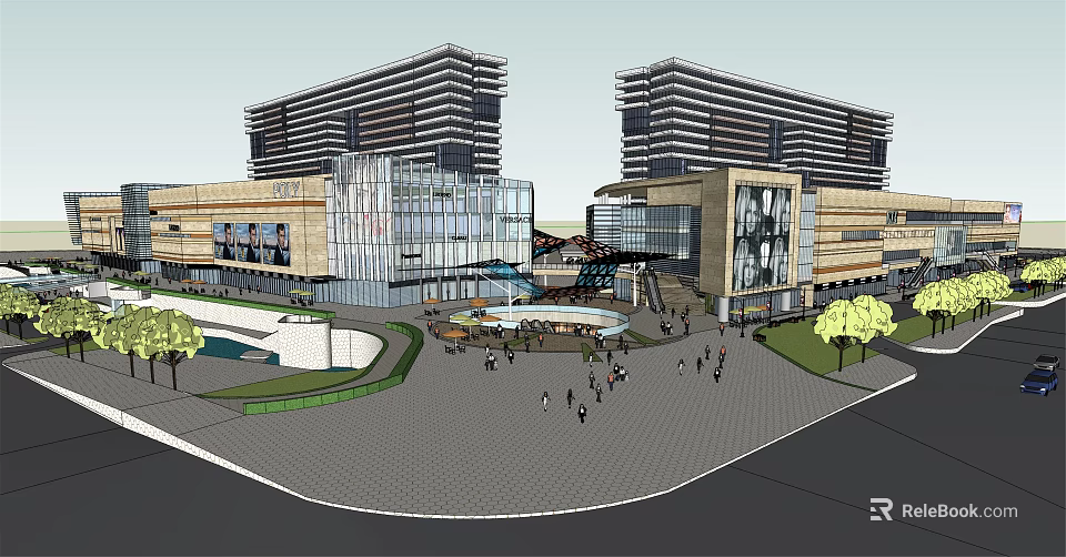 Modern Commercial Street Featuring High Rise Buildings Open Square Greenery And Pedestrian Activities 3d model 