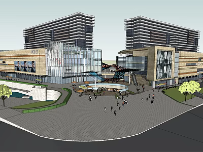 Modern Commercial Street Featuring High Rise Buildings Open Square Greenery And Pedestrian Activities 3d model