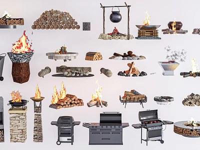 Various Types of Fireplaces With Wood Piles Stone Structures Grills and Flames 3d model