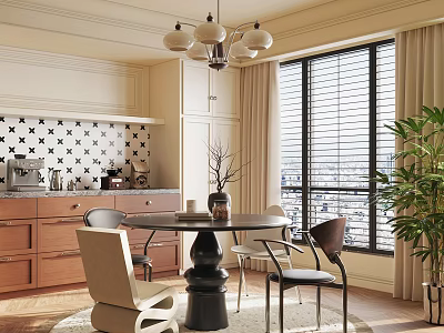 Elegant Restaurant Interior Design With Round Dining Table Chandelier Large Windows And Potted Plant 3d model