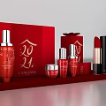 Red Cosmetics Set With Bottles Cream Jars Lipstick And Decorative Gift Boxes 3d model