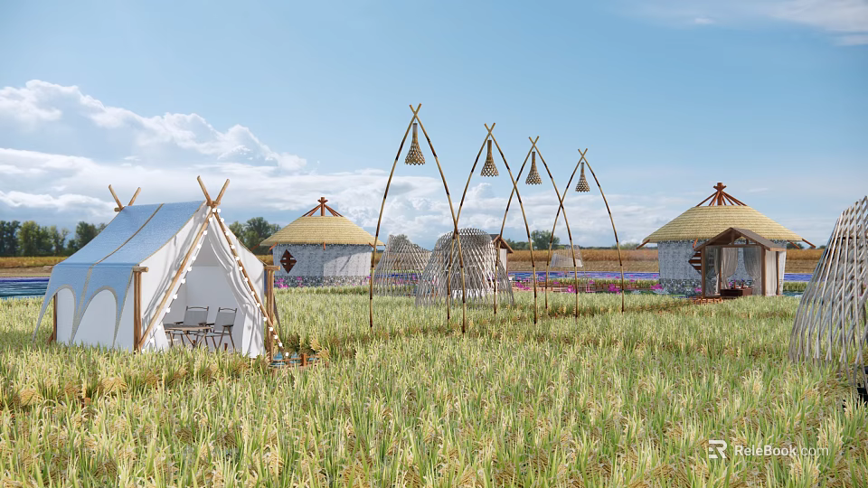 Rural Landscape Featuring Rice Field White Tents Thatched Huts Wooden Bell Frames Under Blue Sky 3d model 