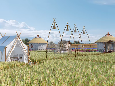 Rural Landscape Featuring Rice Field White Tents Thatched Huts Wooden Bell Frames Under Blue Sky 3d model