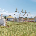 Rural Landscape Featuring Rice Field White Tents Thatched Huts Wooden Bell Frames Under Blue Sky