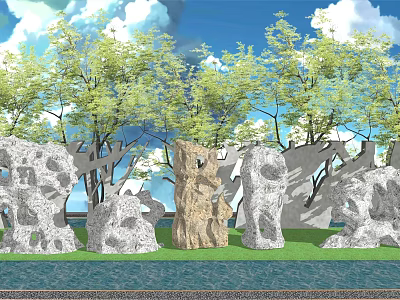 Natural Outdoor Garden Landscape With Stone Sculptures Wooden Elements Green Grass And Water Features 3d model