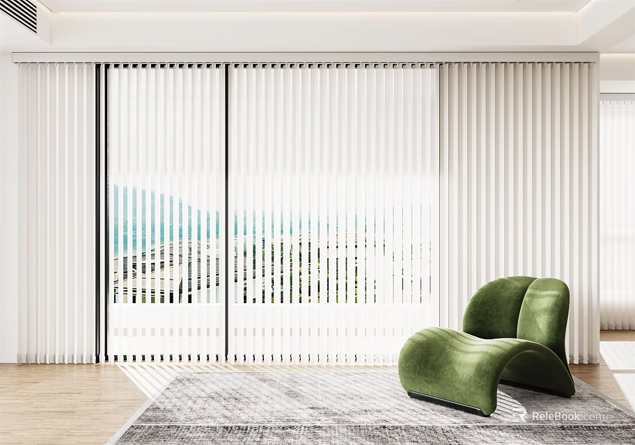 Vertical Blinds For Large Window With Sea View Green Accent Chair And Wooden Floor 3d model 