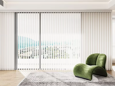 Vertical Blinds For Large Window With Sea View Green Accent Chair And Wooden Floor 3d model