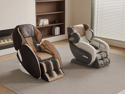 Modern Dual Tone Massage Chairs On Gray Carpet With Bookshelf And Fireplace 3d model