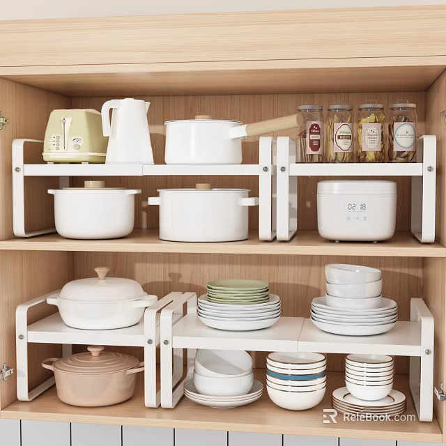 White Dinnerware Collection on Wooden Shelf with Green Plates Covered Pots and Stacked Bowls 3d model 