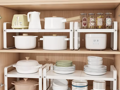 White Dinnerware Collection on Wooden Shelf with Green Plates Covered Pots and Stacked Bowls 3d model