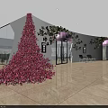 Modern Restaurant Interior With Red Floral Wall Pink Umbrellas And Open Seating Area
