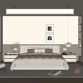 Modern Bedroom Interior With Large Bed Nightstands Framed Artworks Wooden Flooring And Rug