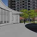 Residential Landscape With High Rise Buildings Green Lawn Trees People And Walking Path
